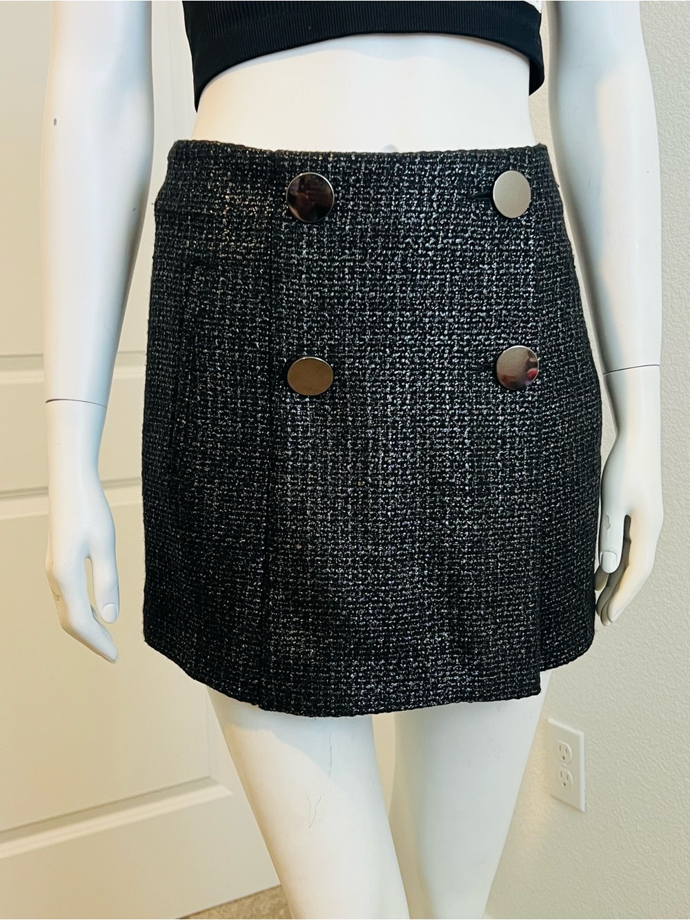 Zara Black Tweed Mini Skirt with Silver Buttons
